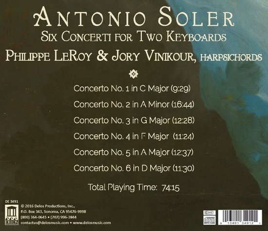 Achterkant CD hoes Antonio Soler, Six Concerti for Two Keyboards, Philippe LeRoy & Jory Vinkour. Tracklist en speelduur 74:15.
