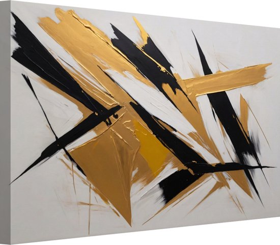 Gouden en zwarte vegen abstract wanddecoratie - Abstract expressionisme schilderijen - Muurdecoratie Moderne kunst - Landelijk schilderij - Muurdecoratie canvas - Kunstwerk 150x100 cm