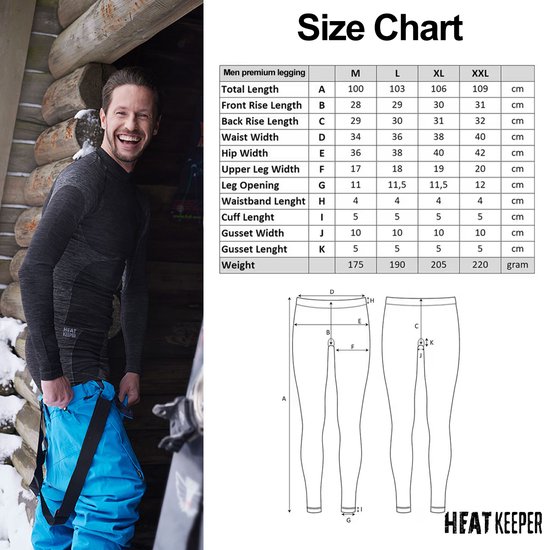 Maattabel voor heren thermolegging. Man in thermo set met blauwe skibroek. Achtergrond is een winterse omgeving met hout en sneeuw.