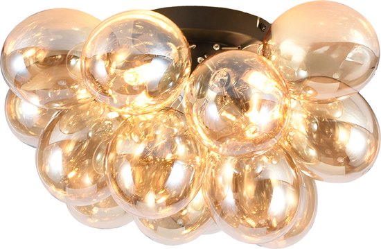 Olucia Cyril - Design Plafondlamp - 4L - Glas/Metaal - Amber;Zwart - Rond - 40 cm