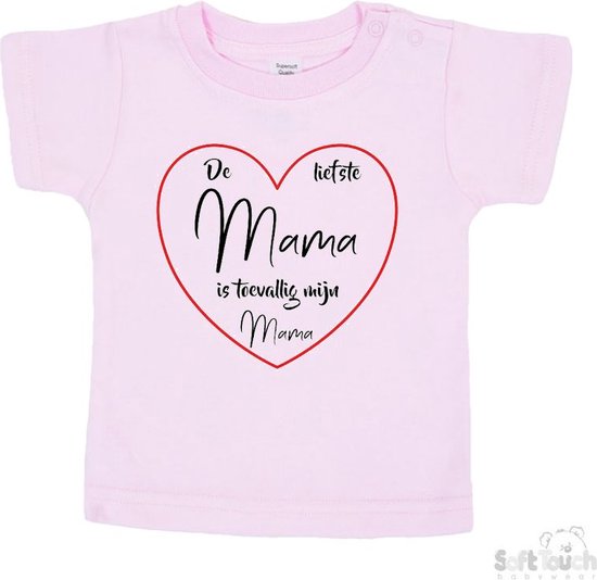 Soft Touch T-shirt Shirtje Korte mouw "De liefste mama is toevallig mijn mama" Unisex Katoen Roze/rood/zwart Maat 62/68