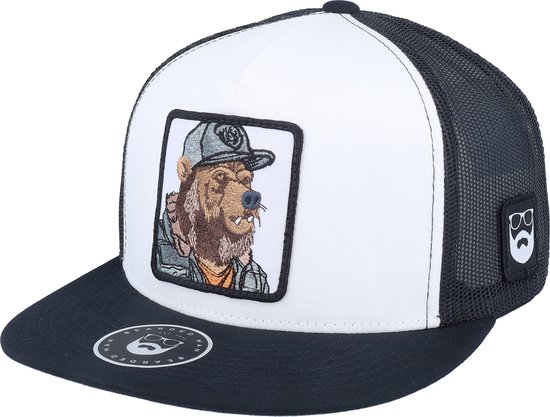Hatstore- Bear Cap Man Classic White/Black A-frame Trucker - Bearded Man Cap