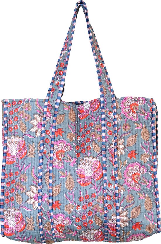 Quilted grijsblauwe shopper met bloemen - katoenen grote tas met print - doorgestikte schoudertas - reversible - grijsblauw