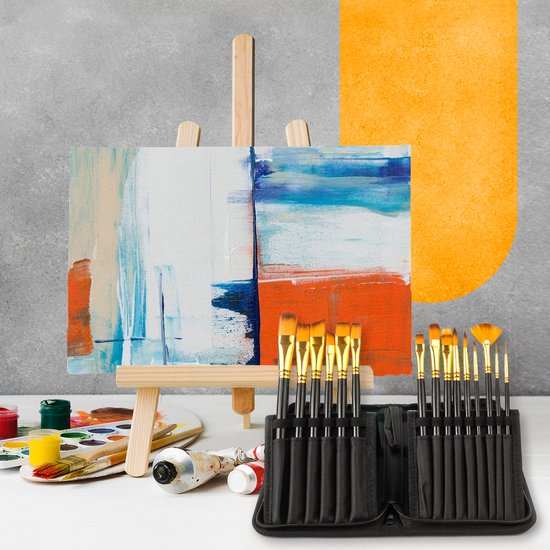 Luxe Pinceaux avec spatule et éponge - convient pour peinture acrylique, peinture à l'huile, aquarelle et gouache - 15 pinceaux professionnels en coffret luxe - Peinture, Modélisme