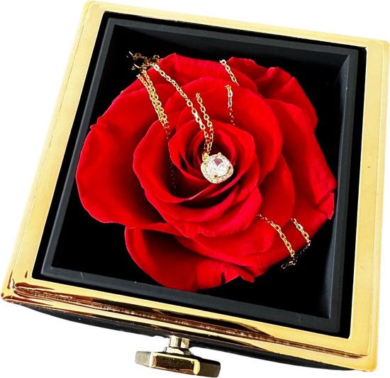 Zwarte juwelendoos met gouden rand en een rode roos, met een gouden ketting met zirkonia steen erop.