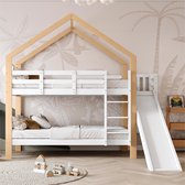 Sweiko Stapelbed met glijbaan en drietraps hoekladder, Huisbed met valbeveiliging, Kinderbed, bedframe van massief hout, Wit en natuurlijk, 90x200cm