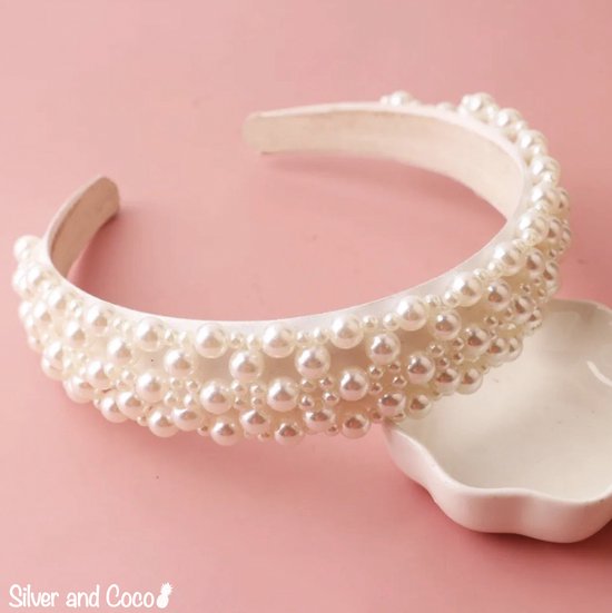 SilverAndCoco - Parel Glitter Haarband Zilver / Dikke Hoofdband met Glitters Steentjes Parels / Glamour Diadeem Diamantjes Dames / Pearl Kerst Feest Oud en Nieuw Haarbanden Diamand Breed