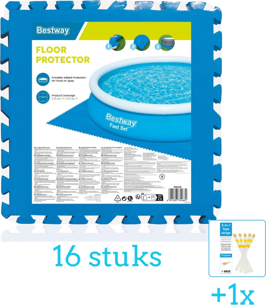 Bestway Vloertegels 50 x 50 cm - (8 stuks per verpakking) - Blauw - 16 stuks - Voordeelverpakking - Inclusief WAYS Testrips (1 stuks)