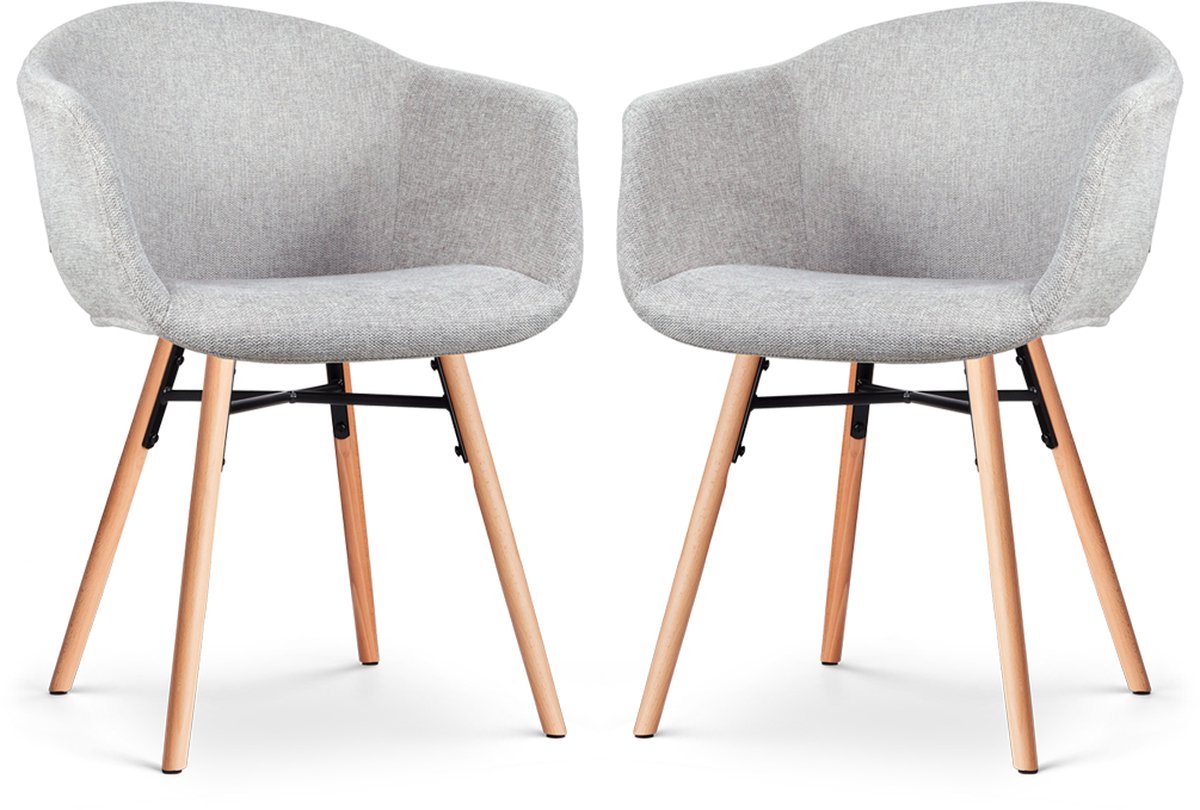 Nolon Nena-Otis Eetkamerstoelen Set van 2 Lichtgrijs - met Armleuning - Stof - Houten Poten - Scandinavisch Grijs - Naturel onderstel