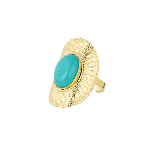 Yehwang Ovale ring met groen/blauwe/goudkleurige steen