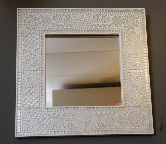 LM-Collection Diya mozaïek Spiegel - 50x50cm - Wit - Hout/Glas - spiegel goud, wandspiegel, wandspiegel rechthoek, wandspiegel industrieel, wandspiegel zwart, wandspiegel rond, wandspiegels woonkamer, decoratiespiegel, spiegel rond,
