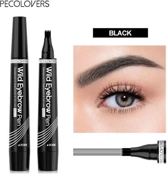 Foto: Wenkbrauwpotlood waterproof zwart black langhoudend professionele wenkbrauwmake up pen met 4 split heads