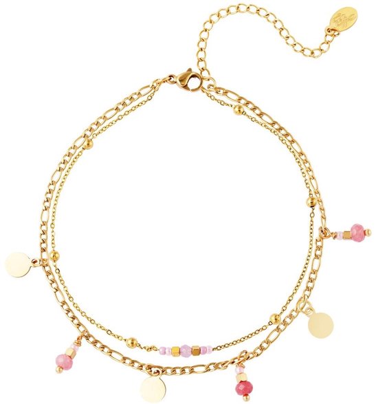 Joy Ibiza - bracelet de cheville - perles lilas roses et breloques pièces de monnaie - fermeture mousqueton - double couche - cheville party boho - style bohème - acier inoxydable - plaqué or ip/pvd