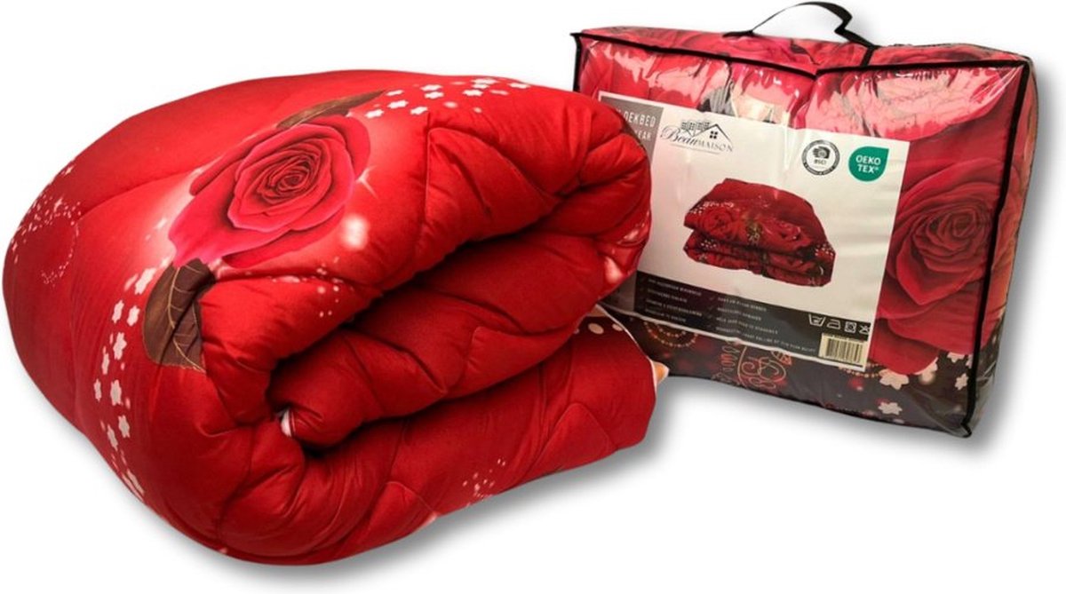 Beau Maison Bedrukt Dekbed Rode Rozen 200 x 200 cm / Hoesloos / 2 in 1 dekbed / Wasbaar / Dekbed zonder overtrek
