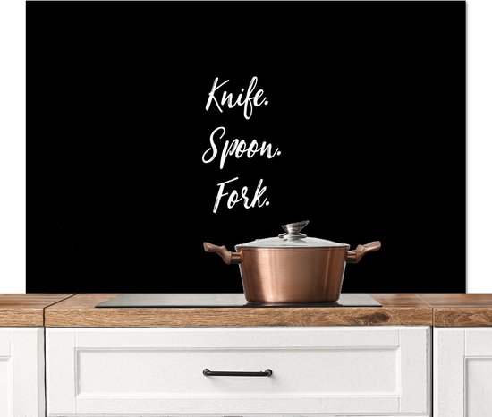 Foto: Spatscherm keuken 120x80 cm kookplaat achterwand knife spoon fork keuken bestek quotes spreuken muurbeschermer spatwand fornuis hoogwaardig aluminium