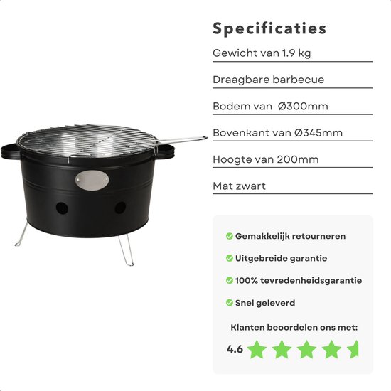 Cheqo® Draagbare Barbecue - Camping Grill - BBQ - Ø300mm-345mm, 200mm Hoog - 2 Handvaten - Mat Zwart - Voor Park, Strand, Balkon van Cheqo — afbeelding 3