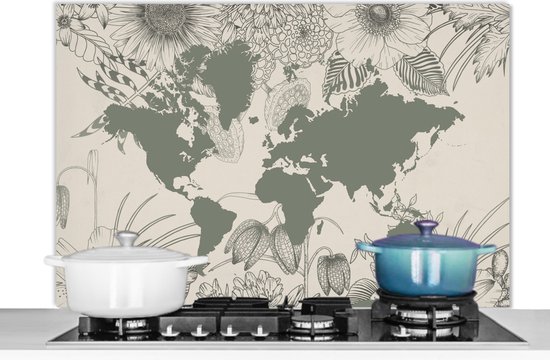 Spatscherm keuken 100x65 cm - Kookplaat achterwand Wereldkaart - Grijs - Bloemen - Muurbeschermer - Spatwand fornuis - Hoogwaardig aluminium