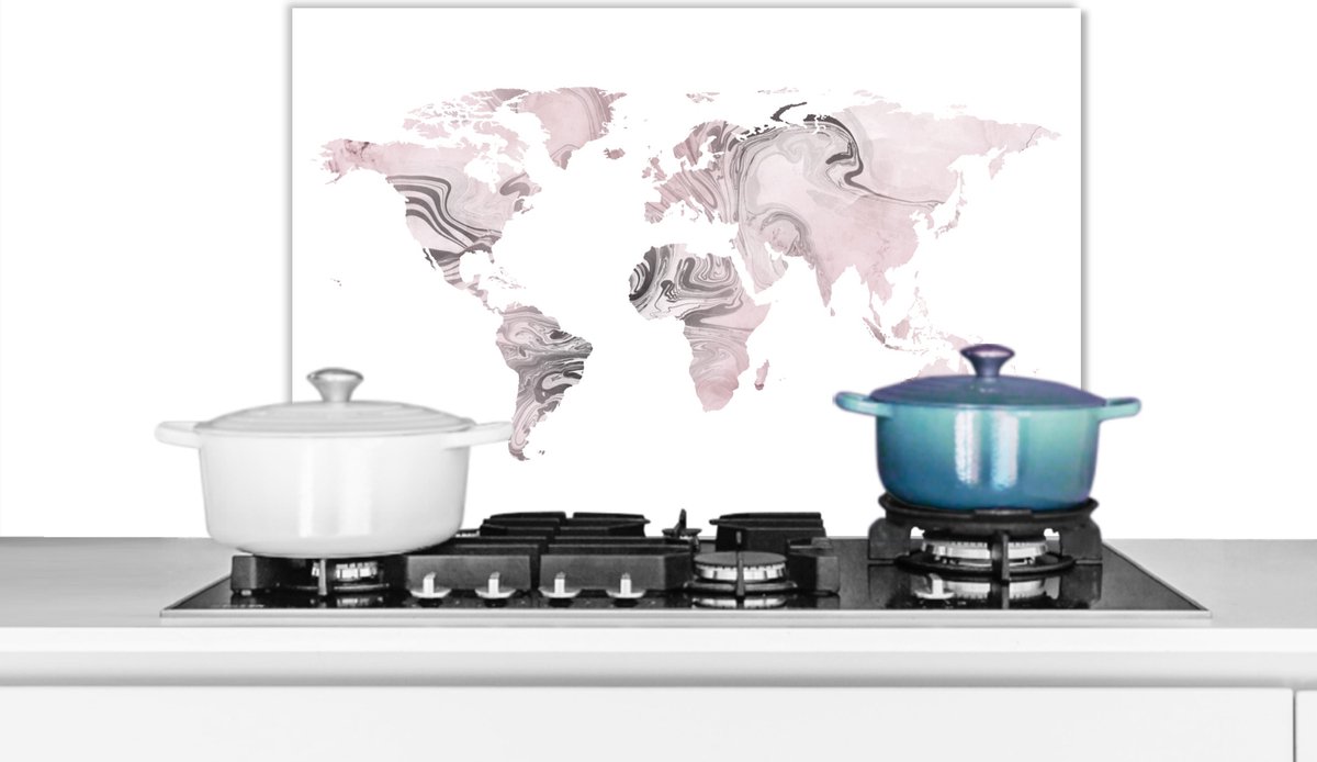 Spatscherm keuken 70x50 cm - Kookplaat achterwand Wereldkaart - Wit - Verf - Muurbeschermer - Spatwand fornuis - Hoogwaardig aluminium