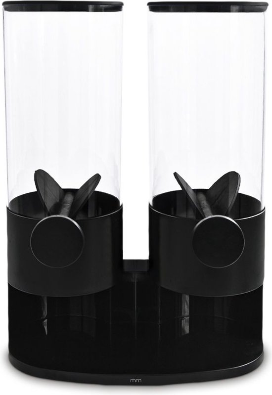 Zwarte dubbele cereal dispenser met lege transparante cilinders en zwarte kleppen.