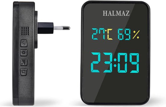 Halmaz Draadloze deurbel - Zwart - Led verlichting - IP44 Waterdicht - 38 Melodieën - Bereik 200 meter - Tijd - Temperatuur - Luchtvochtigheid - 2 ontvangers — afbeelding 2