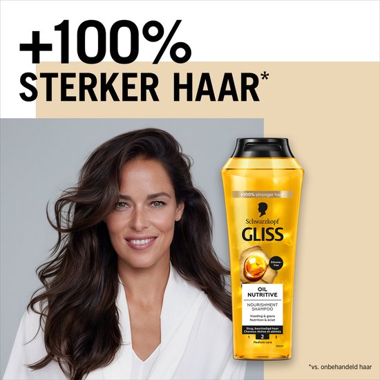 Vrouw met glanzend haar naast een fles Gliss Oil Nutritive shampoo met de tekst '+100% sterker haar'.