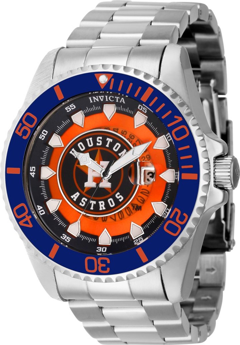 Invicta MLB - Houston Astros 43464 Heren Horloge - Waterdicht - Analoog - Quartz Uurwerk - Roestvrij Staal met oranje Wijzerp