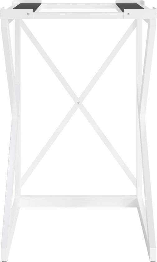 Witte metalen wasmachine verhoger met X-vormige verstevigingen. Zwart detail aan de bovenzijde.