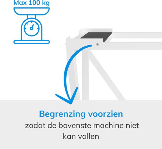 Illustratie van een weegschaal met 'Max 100 kg' en tekst 'Begrenzing voorzien zodat de bovenste machine niet kan vallen'.