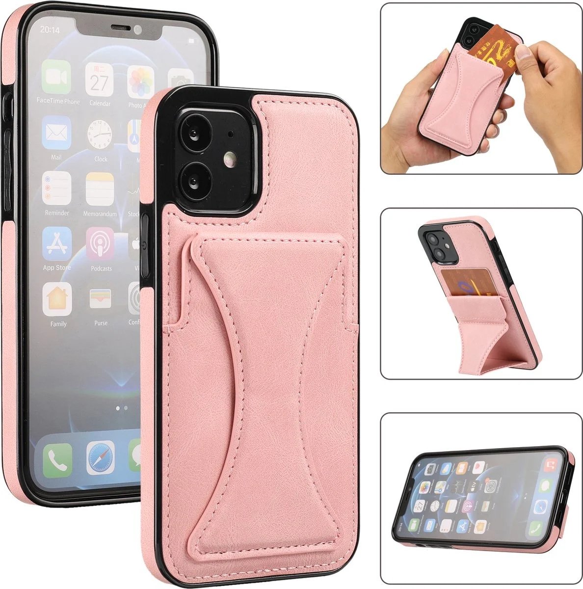 ShieldCase telefoonhoesje geschikt voor iPhone Xr hoesje - leren case met standaard en pashouder - ruimte voor pasjes - roze