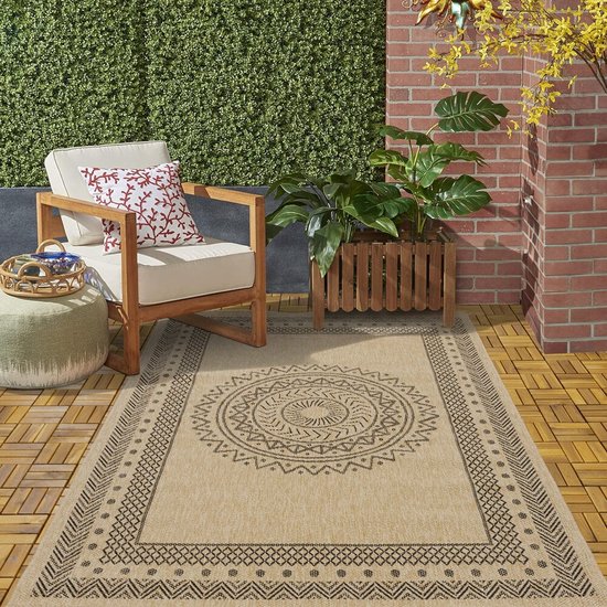 Tapis d'extérieur en sisal naturel Lucia Flycarpets pour tapis d'intérieur et d'extérieur - Beige / Zwart - 200x290 cm