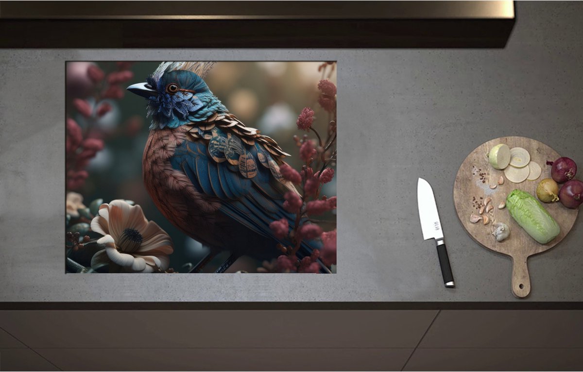Inductieplaat Beschermer - Blauwe Gaai Vogel met Kleurrijke Veren en Bloemen - 70x55 cm - 2 mm Dik - Inductie Beschermer - Bescherming Inductiekookplaat - Kookplaat Beschermer van Wit Vinyl