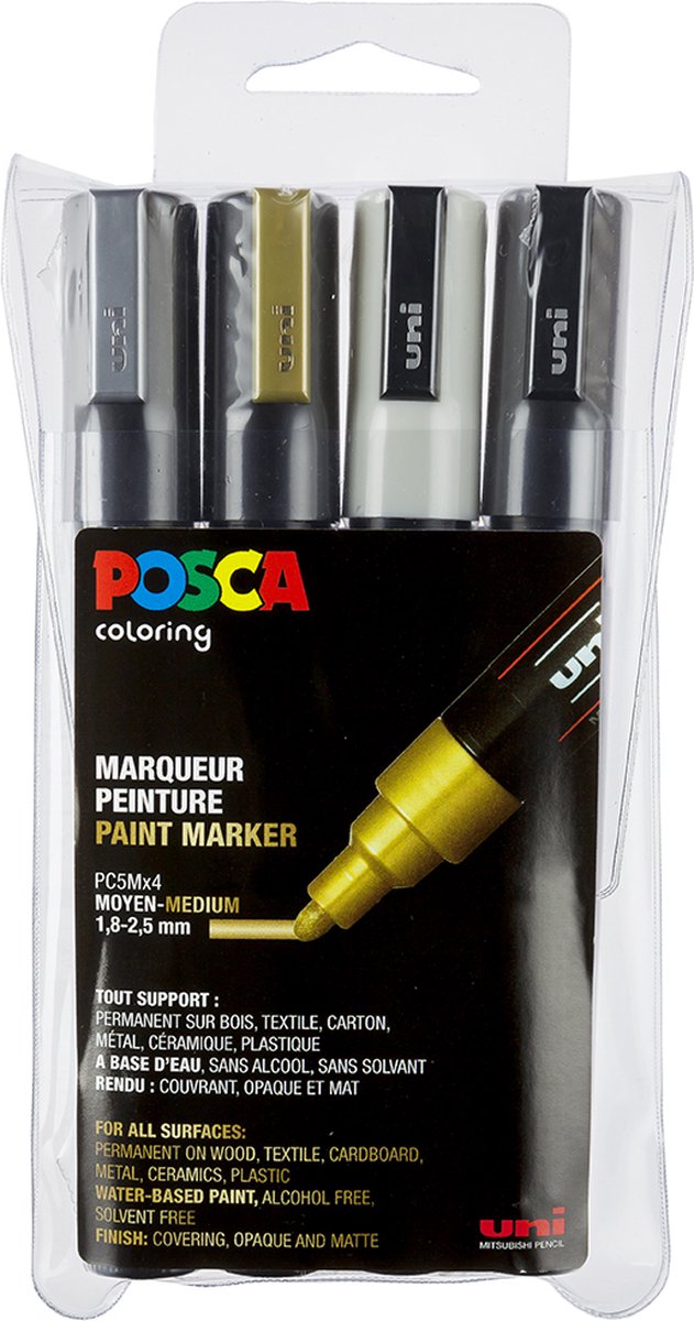 Posca stiften set 5M wit/zwart/goud/zilver — afbeelding 14