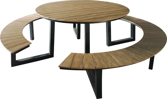 AXI Taco Picknicktafel met 2 banken Rond Antraciet met Teak-look Polywood – Gepoedercoat aluminium frame – Tafel en banken met Polywood tafelblad en zitvlak - 200x190cm