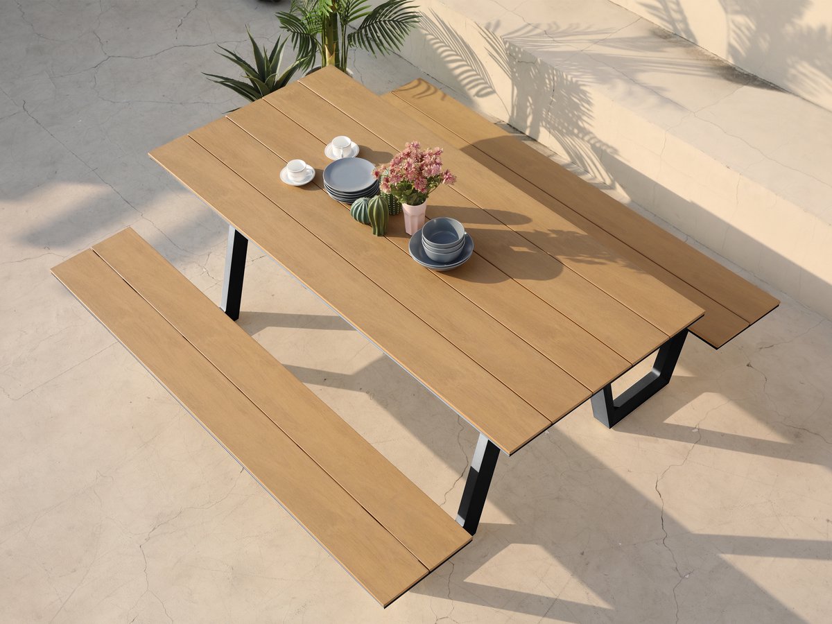 AXI Nori Picknicktafel met 2 banken Antraciet met Teak-look Polywood – Gepoedercoat aluminium frame – Tafel en banken met Polywood tafelblad en zitvlak - 200x190cm thumbnail 3