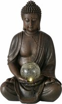Deco by Boltze Boeddha beeld met LED lichtje in bol - kunststeen - antiek bruin - 24 x 20 x 37 cm - home deco en tuin beelden