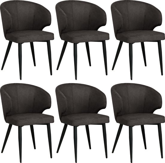 Colenis Sara Eetkamerstoelen Set van 6 – Grijs Linnen – Zwarte Poten