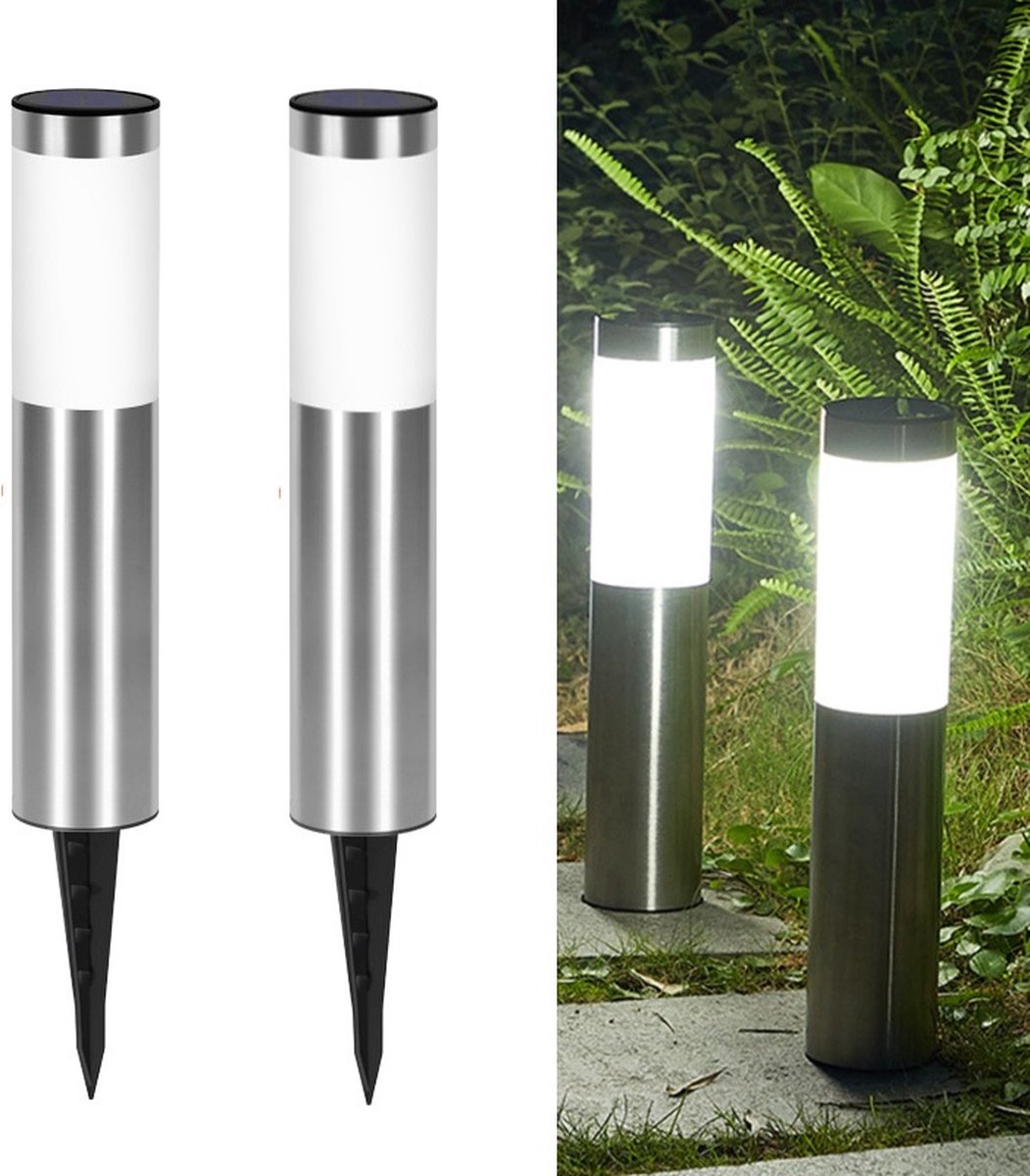 Solar priklamp 'Lucifer'(Maat L) - Set van 2 stuks (8*56.5CM) -Padverlichting- Rond - RVS -buitenlampen - Priklamp op zonne-Solar Grondspots -Tuinverlichting op zonne-energie-Warm wit