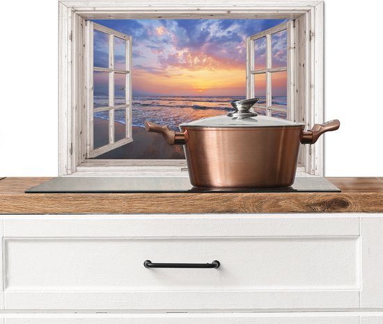 Spatscherm keuken 70x50 cm - Kookplaat achterwand Doorkijk - Zee - Strand - Zonsondergang - Blauw - Muurbeschermer - Spatwand fornuis - Hoogwaardig aluminium
