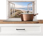Spatscherm keuken 60x40 cm - Kookplaat achterwand Doorkijk - Strand - Zee - Duinen - Helmgras - Zand - Blauw - Muurbeschermer - Spatwand fornuis - Hoogwaardig aluminium