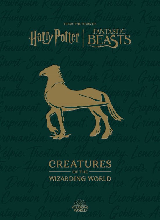 Gouden silhouet van een gevleugeld paard, met de tekst 'Harry Potter Fantastic Beasts Creatures of the Wizarding World'.