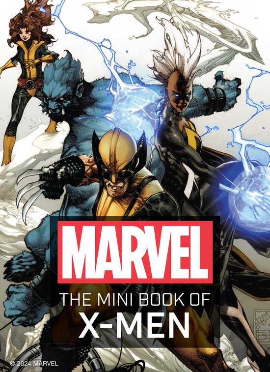 Cover van 'The Mini Book of X-Men' met Wolverine, Beast, Storm en Jean Grey in actie, omringd door bliksem.