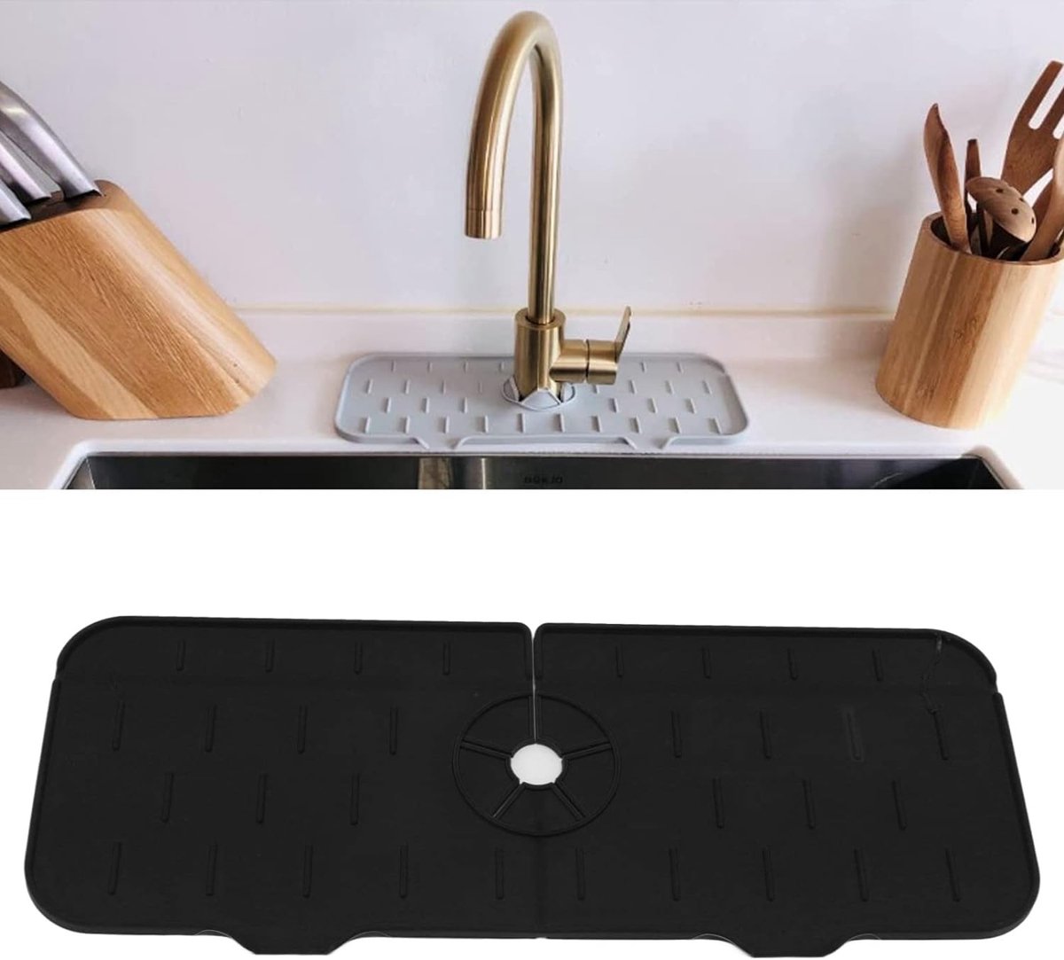 Spatwaterdichte siliconen wastafelkraanmat - Herbruikbaar en duurzaam - Eenvoudige installatie voor badkamer - BPA-vrij (zwart)