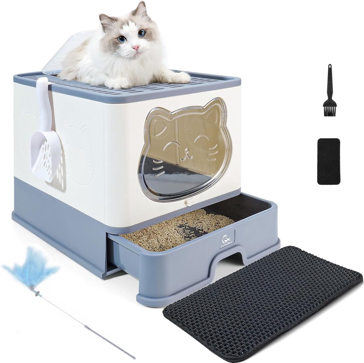 Volledig gesloten kattenbak met deksel, ladetype, deodoriserende kattenbak, grote opvouwbare kattenbak met kunststof schep voor huisdieren, geschikt voor katten van alle leeftijden
