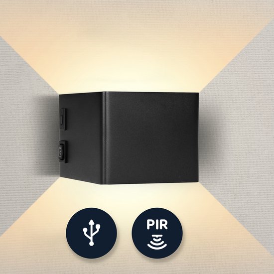 Latium Oplaadbare Wandlamp met Zwarte Bewegingssensor voor Binnen - USB Oplaadbaar - Draadloos - Batterij - Nachtlampje - Slaapkamer - Woonkamer - Zwart