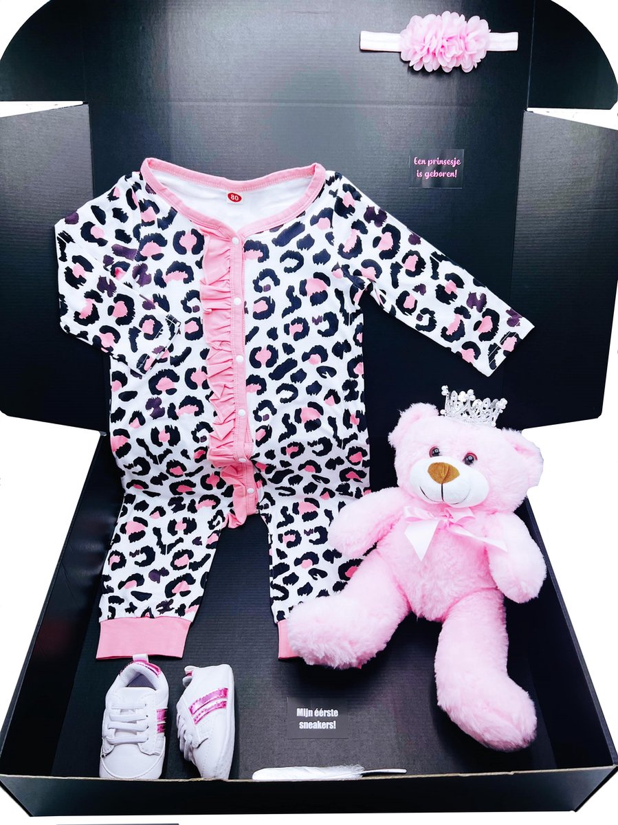 Goedkoopste kraamcadeau meisje, roze boxpakje, roze teddybeer, babyschoentjes en hoofdband - ook rechtstreeks als cadeau op te sturen
