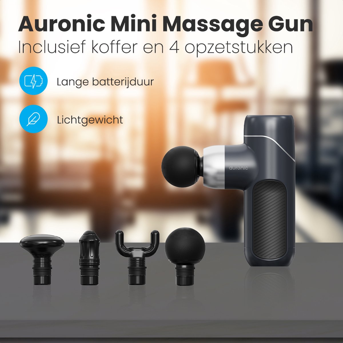 Afbeelding 2 van Auronic Massage Gun voor Spierherstel en Ontspanning - Met Koffer en 4 Opzetstukken - Professioneel Massage Pistool - Massage Apparaat voor Rug, Nek, Schouders en Meer - Mini - Fitness - Grijs