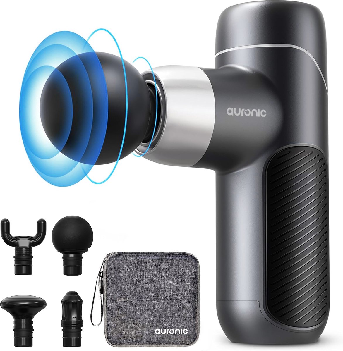 Auronic Massage Gun voor Spierherstel en Ontspanning - Met Koffer en 4 Opzetstukken - Professioneel Massage Pistool - Massage Apparaat voor Rug, Nek, Schouders en Meer - Mini - Fitness - Grijs