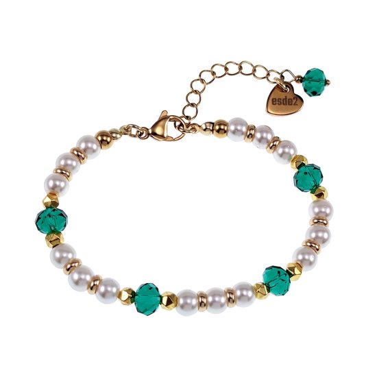 Bracelet Femme 18cm à 22cm - Acier inoxydable plaqué or - Perles de cristal autrichien vert - Bracelet de perles de cristal Witte - Ajustable