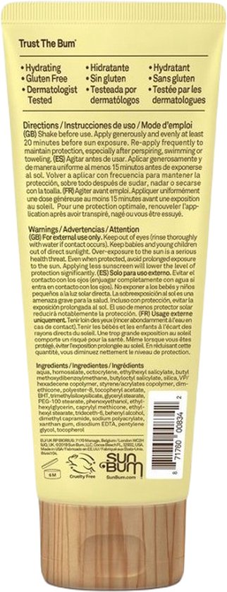 Arrière d'un tube jaune de crème solaire pour le visage Sun Bum, avec les ingrédients et les instructions.