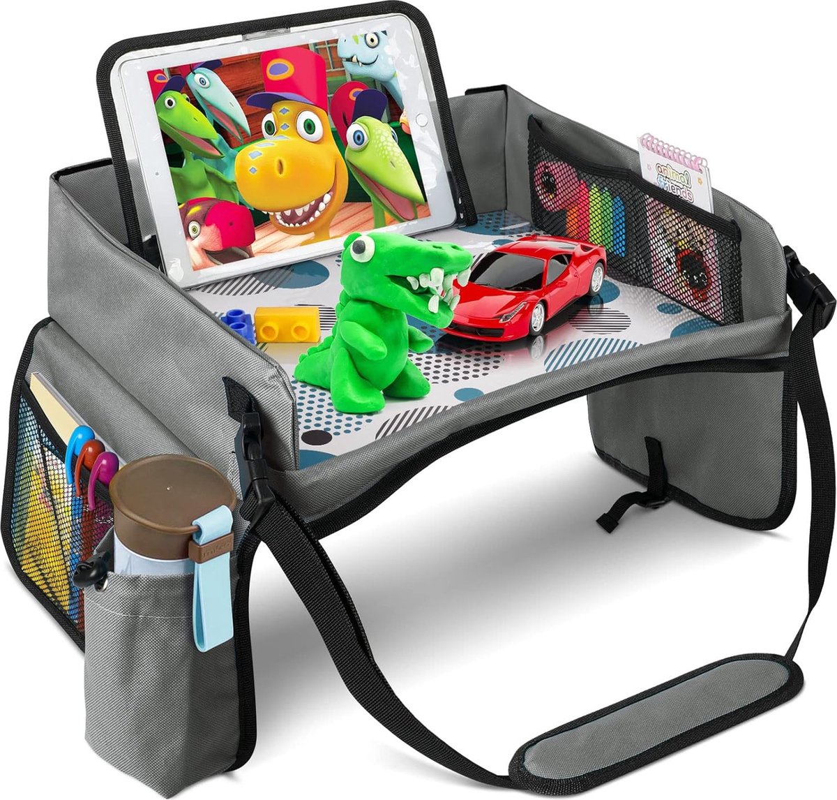 Premium Reistafel Voor Auto met Tekentafel & Tablethouder - Autostoel Organizer - Speeltafel - Whiteboard - Grijs - Merkloos